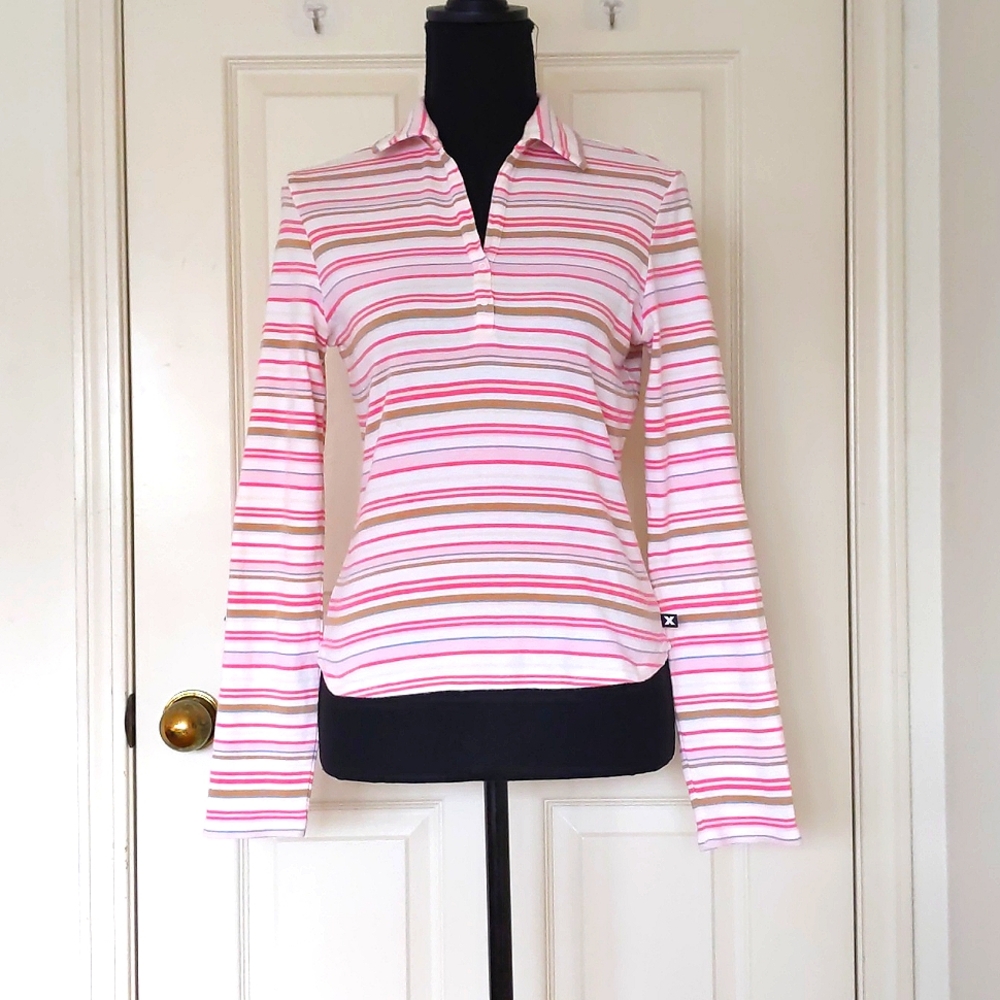 Express 100% Cotton Long Sleeve Polo Shirt with multi color stripes.